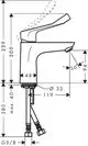 Einhebel-Waschtischmischer von Hansgrohe mit einem langen Comfortgriff. Technische Zeichnung mit Maßen und Anschlussdetails.